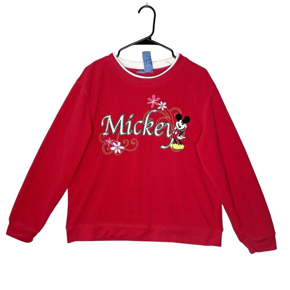 Vintage Disney Mickey Mouse Fleece Sweatshirt Red Embroidered Floral Y2K Retro L